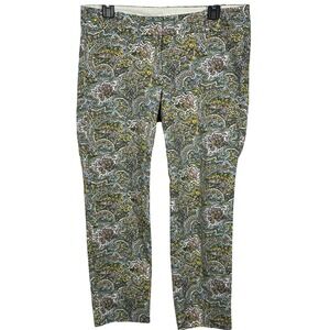 Ann Taylor Carnegie Crop Pants Womens 10 Green Yellow Paisley Slim Tapered Leg